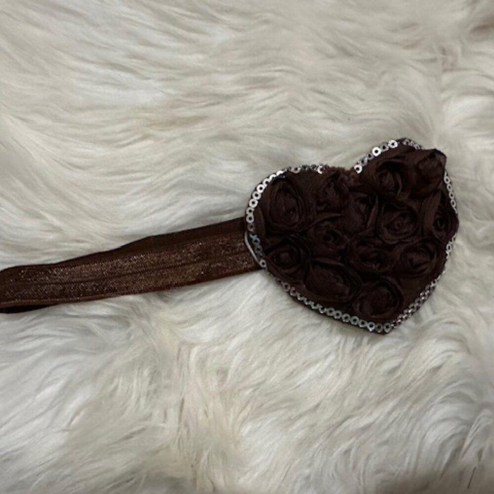 Brown 3" Shabby Heart on FOE elastic headband   7587  Handmade Boutique